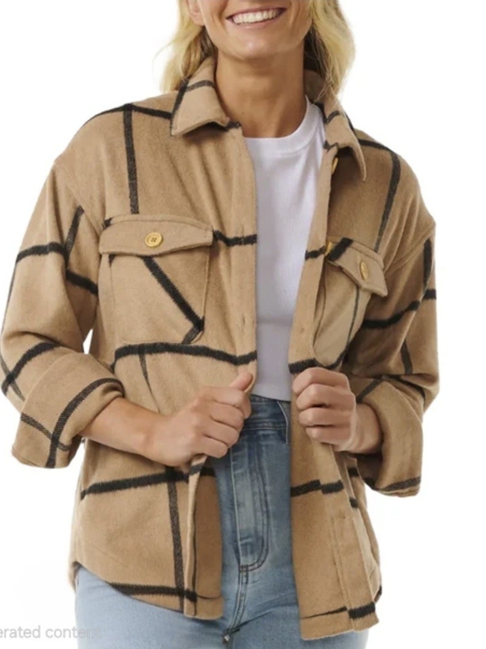 This is a Rip Curl The Search Flannel Shirt in a beige windowpane plaid pattern.